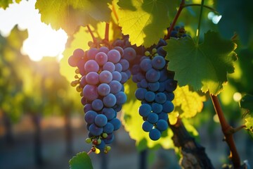 A close-up photograph of a bunch of grapes hanging from a vine. This image can be used to depict...