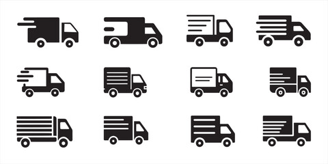 Fast moving shipping delivery truck icon set. Express delivery trucks icons. Fast shipping truck. Free delivery 24 hours. Logistic trucking sign. Vector illustration.