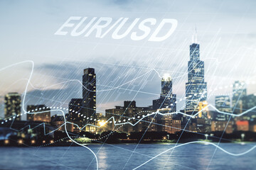 Abstract virtual EURO USD financial chart illustration on Chicago skyline background. Trading and currency concept. Multiexposure