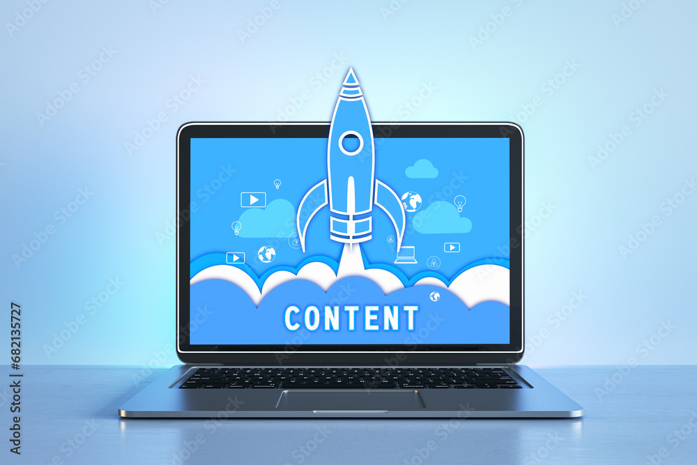 Wall mural blue-themed laptop screen showing content marketing rocket launch. online engagement. 3d rendering