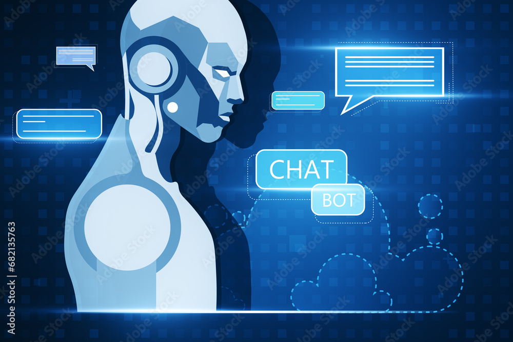 Poster Creative glowing robot and chat ai hologram on dark blue pixels backdrop. Machine learning, artificial intelligence and innovation concept. 3D Rendering.