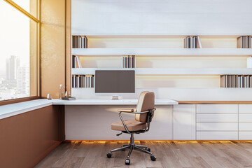 Bright office with bookshelves, wooden flooring, workplace with computer monitor, window with sunlight. 3D Rendering.