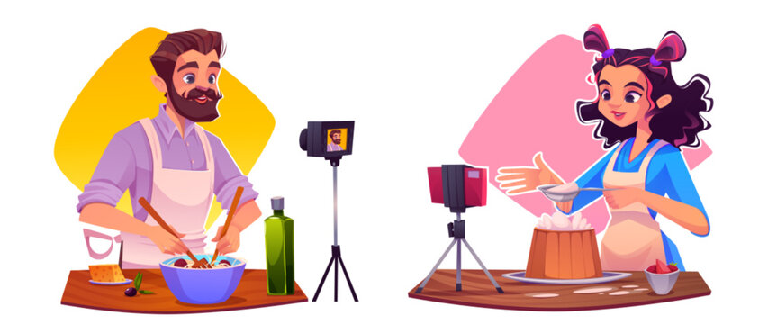 Cartoon food video blog vector illustration. Young woman and man cooking and streaming or recording process. People demonstrate tutorial of making dough, preparing pastry and pasta in front of camera