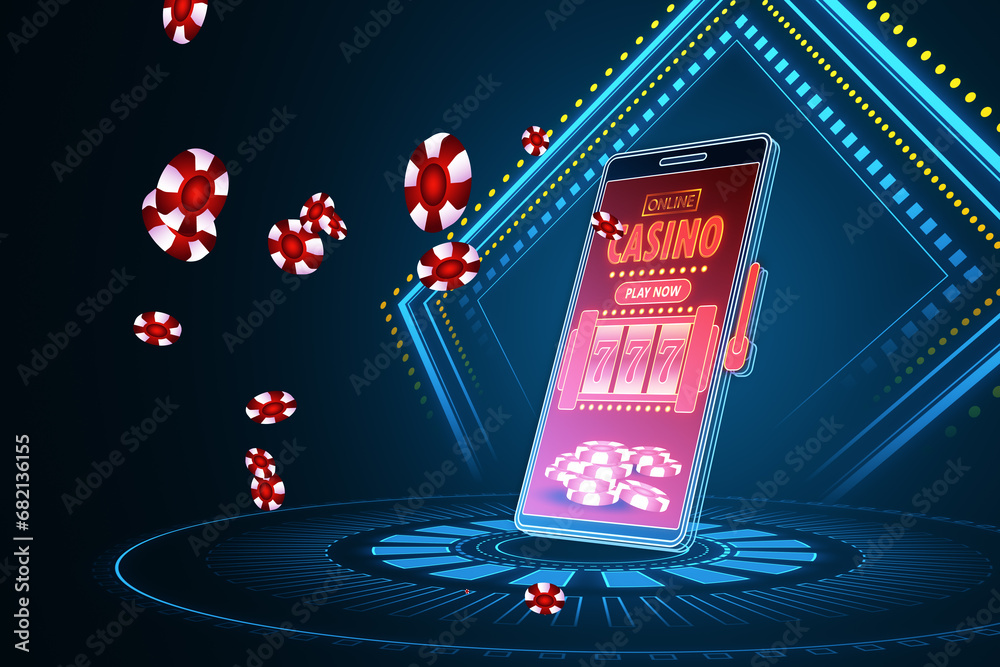 Aufkleber dynamic online casino mobile application with neon arrows and floating lifebuoys. dark entertainment