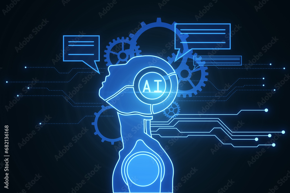Poster Creative glowing robot head and icons on dark blurry backdrop. Chat GPT, machine learning and AI concept. 3D Rendering.