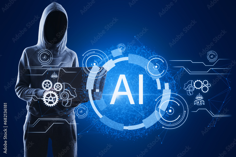 Poster Hacker in hoodie using laptop with glowing AI hologram on blue background. Artificial intelligence, robotics and chat gpt concept.