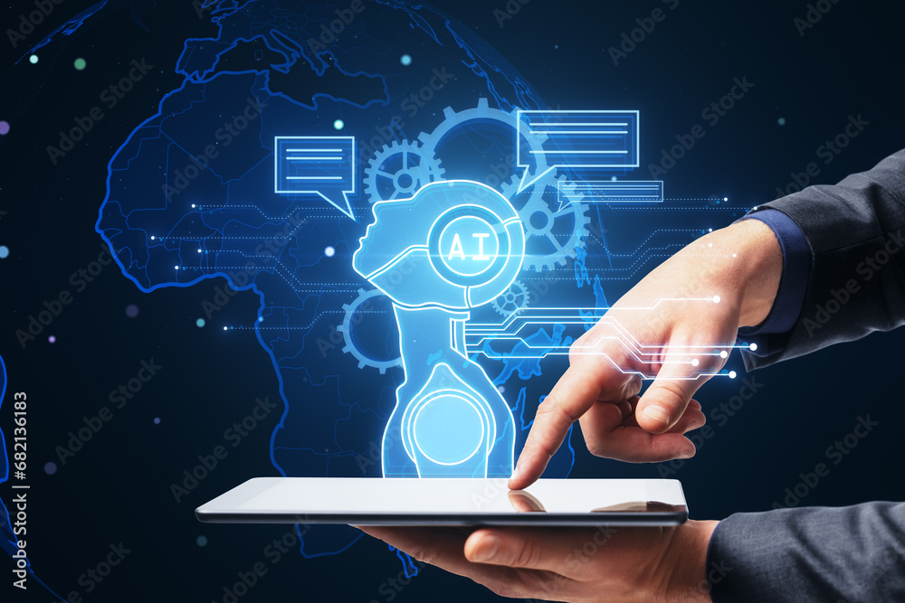 Poster close up of male hand using cellphone with glowing robot head and icons on dark blurry background. c