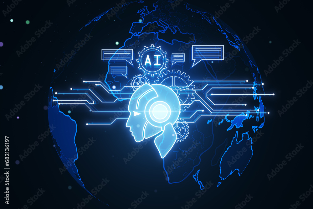 Aufkleber abstract glowing robot head and icons on dark blurry wallpaper. chat gpt, machine learning and ai co
