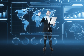 Attractive young businesswoman with document in hand using glowing digital business charts and map...