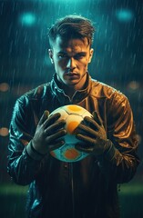 A young Caucasian soccer player in a leather jacket holds a soccer ball, standing in the rain at night with a serious facial expression.