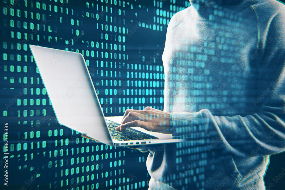 Leinwandbilder Hacker using laptop with creative digital binary code dots hologram. Digital data hacking concept. Double exposure.