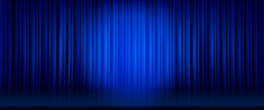 Blue curtain with light spot on stage. Vector realistic illustration of concert hall with glossy floor and fabric drapery, awarding or graduation ceremony, standup comedy show banner background