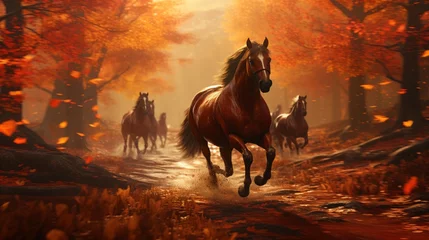 Fotobehang Horses dash through a field of fallen leaves, creating a vibrant, autumnal spectacle. © Muzamil