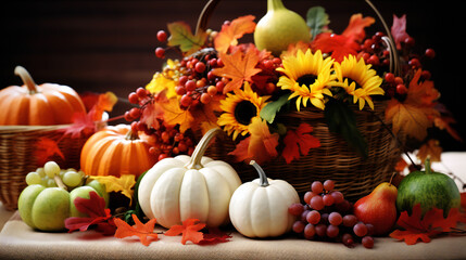 Naklejka na ściany i meble Bright background with beautiful thanksgiving decorating. Pumpkins with fruits, flowers, vegetables and leaves. AI generated 