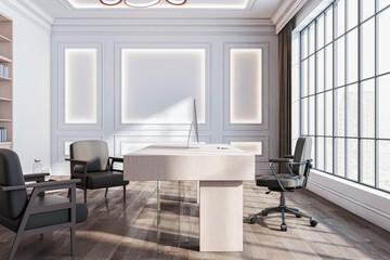 Contemporary classic office interior with wooden furniture and concrete walls, window with city view and sunlight. New York style apartment. 3D Rendering.