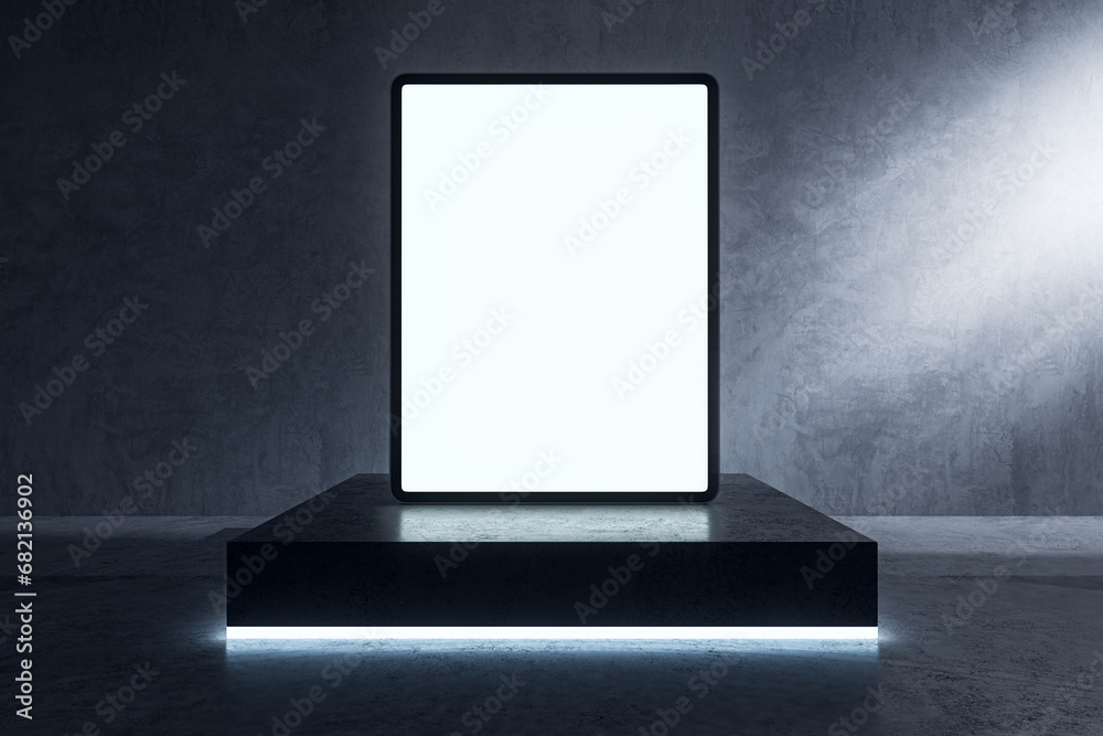 Aufkleber Close up of empty white tablet on pedestal on concrete background with light. Presentation concept. Mock up, 3D Rendering.