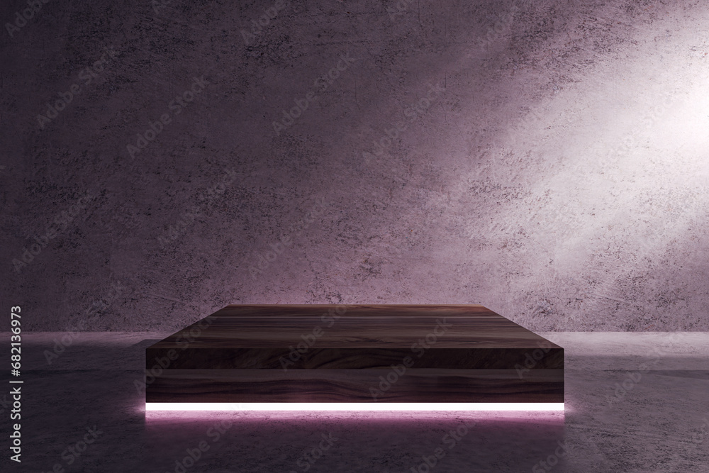 Poster Blank concrete surface with pedestal and mock up place and light. Presentation concept. 3D Rendering.
