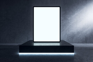 Close up of empty white tablet on pedestal on concrete background with light. Presentation concept. Mock up, 3D Rendering.