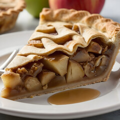 Freshly Baked Homemade Apple Pie Slice on a White Plate with Lattice Crust, Ready to Serve, Ideal for Thanksgiving and Autumn Celebrations.