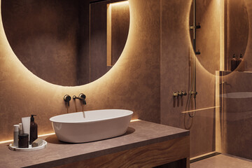 Clean bathroom interior with illuminated round mirror and sink. 3D Rendering.