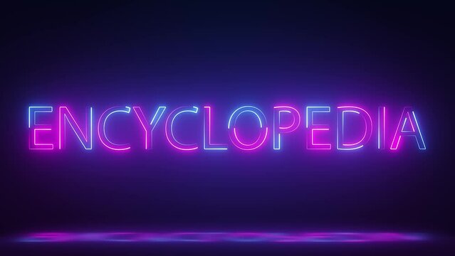 3d render, glowing neon encyclopedia text animation on dark background, technology video material animation