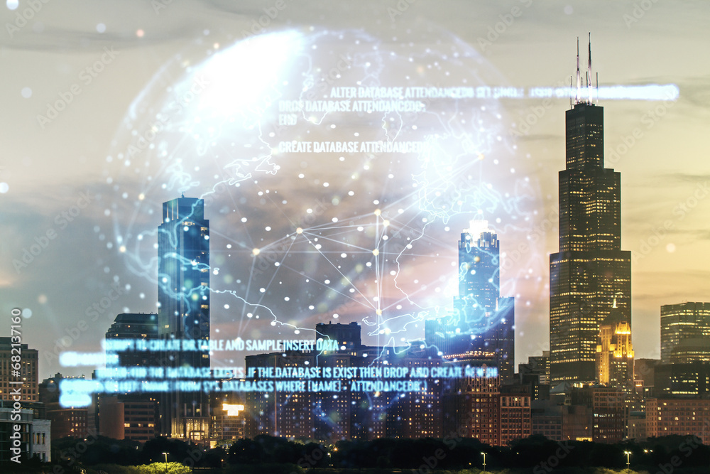 Aufkleber multi exposure of abstract creative coding sketch and world map on chicago city skyline background, 