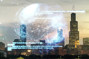 Multi exposure of abstract creative coding sketch and world map on Chicago city skyline background, artificial intelligence and neural networks concept