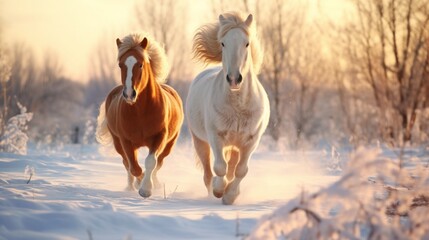 Horses frolic in the snow-covered paddock during a beautiful winter morning. - obrazy, fototapety, plakaty