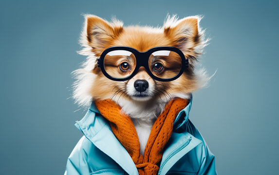 Funny nerd pet in Glasses and mask, jacket, funny look, 
