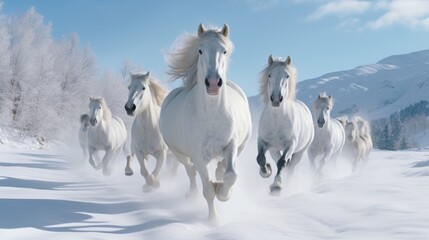 Horses frolic in the snow, leaving a trail of hoofprints in the pristine white landscape.