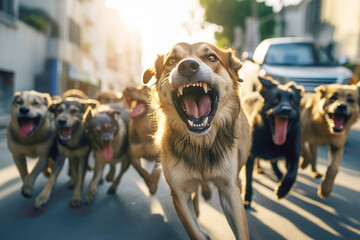 enraged dogs displaying aggressive behavior, barking and growling, indicating a potential threat and the need for caution. - obrazy, fototapety, plakaty