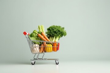 Miniature shopping cart full of vegetables with pastel background and copy space, e-commerce concept