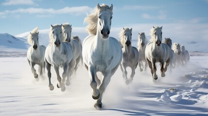 Horses frolic in the snow, leaving a trail of hoofprints in the pristine white landscape. - obrazy, fototapety, plakaty