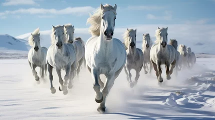 Fotobehang Horses frolic in the snow, leaving a trail of hoofprints in the pristine white landscape. © Muzamil