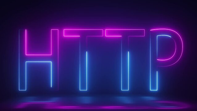 3d render, glowing neon HTTP text animation on dark background, technology video material animation
