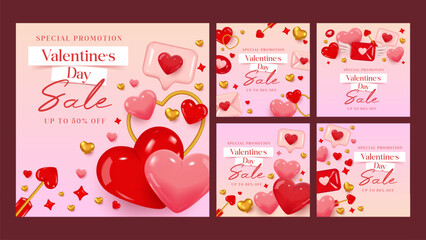 Valentine's day promotion social media template set. Valentine soft pink color vector illustration