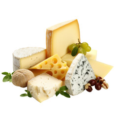 Assorted pile of cheese on a transparent background, perfect for a gourmet cheeseboard.