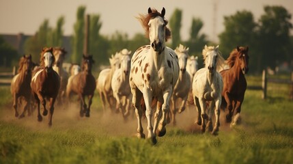 Horses gallop along the farm's fence line, their muscles glistening with exertion.