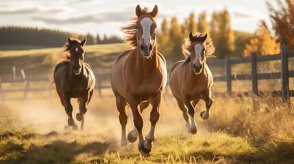 Horses gallop along the farm's fence line, their muscles glistening with exertion. - obrazy, fototapety, plakaty