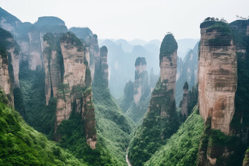 Fototapeta premium Highlights various canyons found in China, displaying breathtaking gorges, valleys, and stunning landscapes, along with accompanying cultural heritage