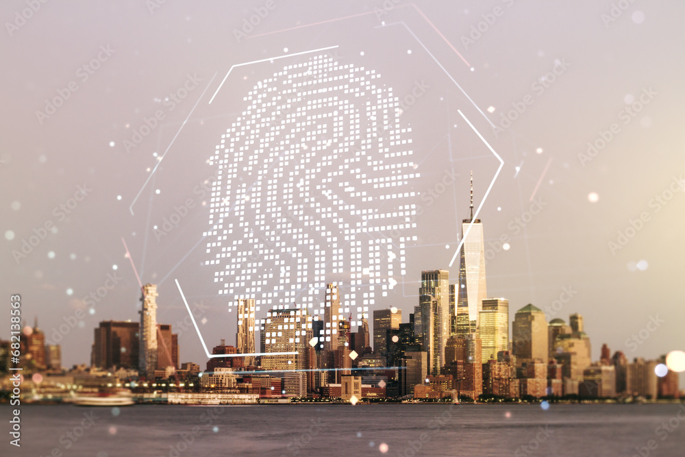 Aufkleber Multi exposure of virtual graphic fingerprint sketch on Manhattan cityscape background, fingerprint scan data concept