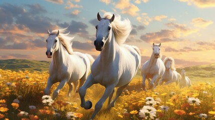 Horses gallop through a field of wildflowers, their tails and manes flowing gracefully.