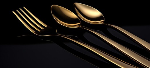Elegant and luxurious spoons and forks in gold on a black background
