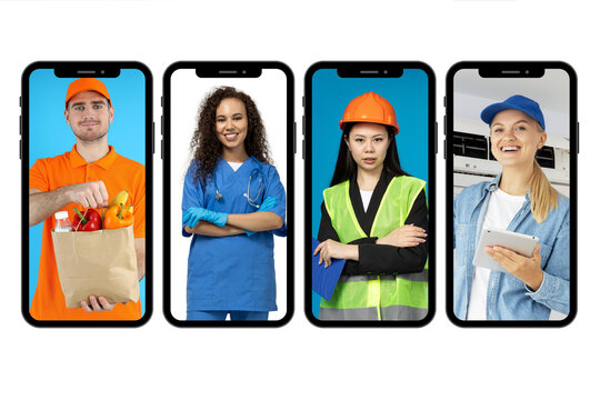 A collage of photos of various professions on the smartphone screen