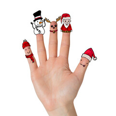 Digital png illustration of hand with christmas puppets on fingers on transparent background