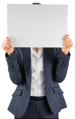 Digital png photo of caucasian businesswoman holding white card on transparent background