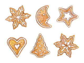 Ginger cookies of different shapes decorated with white icing on a white background. A Christmas treat. Watercolor illustration drawn by hand.