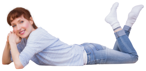 Digital png photo of happy caucasian woman lying and smiling on transparent background