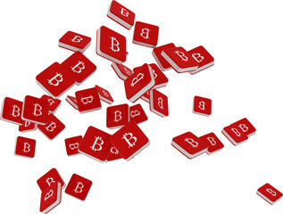 Digital png illustration of red tags with bitcoin signs on transparent background