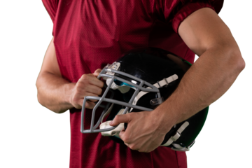 Digital png photo of mid section of biracial american football player on transparent background